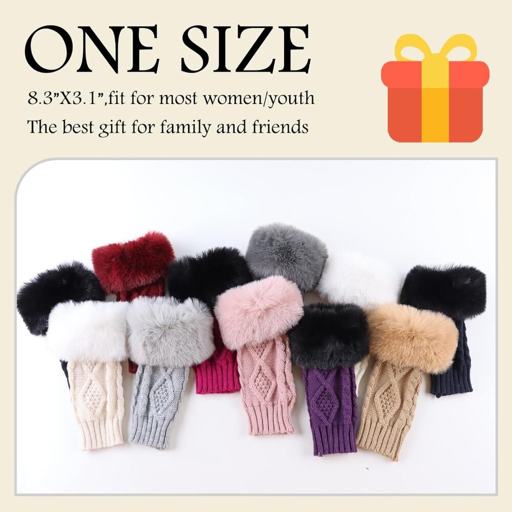 Women's Navy Winter Arm Warmers Wrist Thumb Hole Faux Fur Fingerless Gloves - Picture 6 of 6